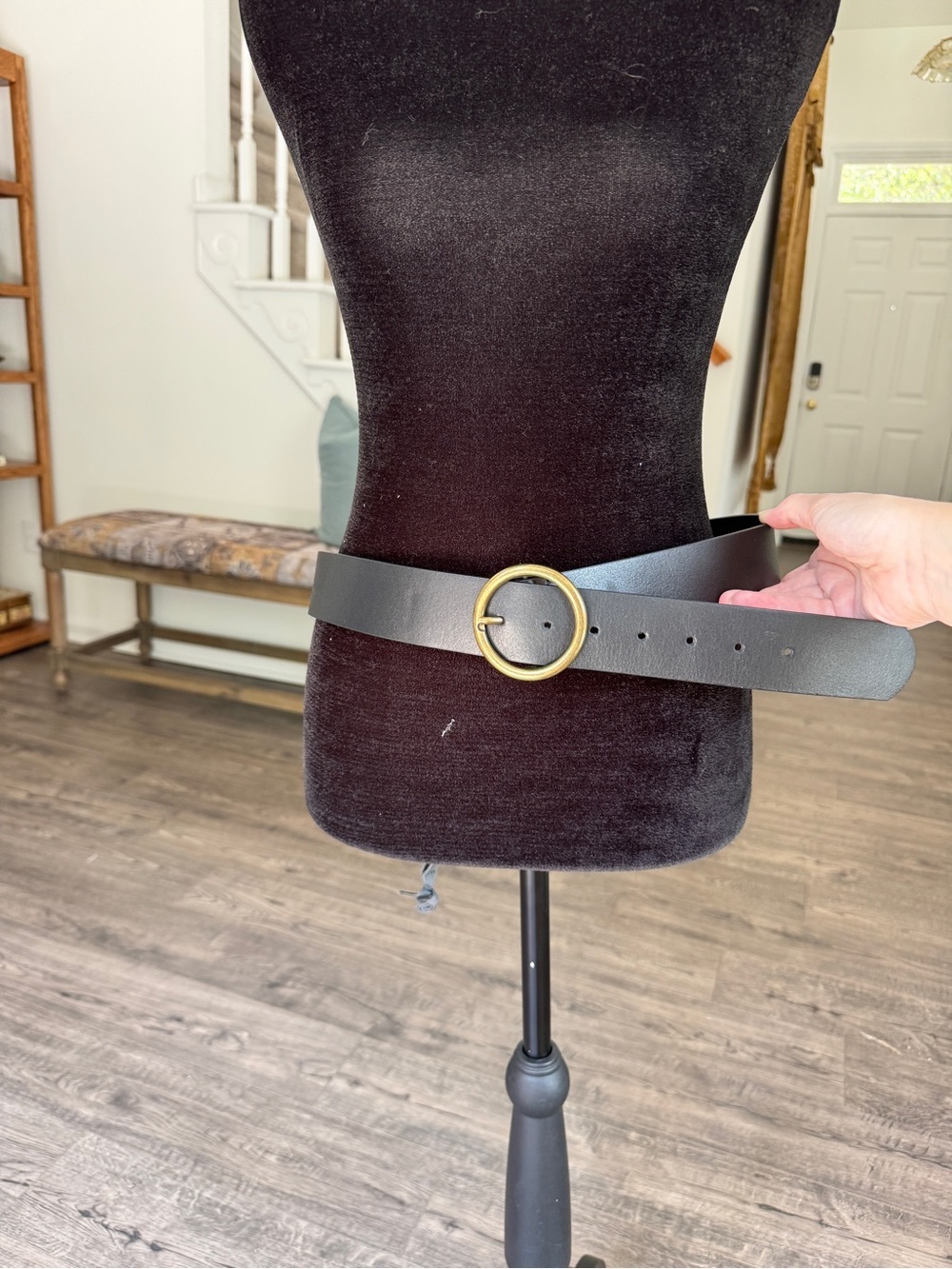 Black Leather Wife Belt with Gold Round Buckle - Women Accessories